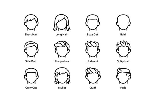 Various hairstyles for men - short, long, buzz cut, bald, and more illustrated