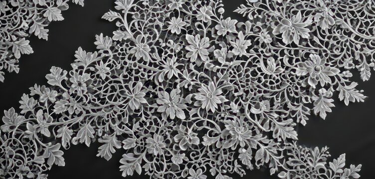 Elegant white lace overlay on a black fabric background, with intricate patterns and textures,  formal,  fabric,  lace