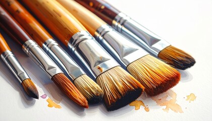 Fototapeta premium Assorted Professional Artist Paintbrushes with Flat and Round Tips Over Watercolor Splatters for Creative Studio Painting and Fine Art Illustration