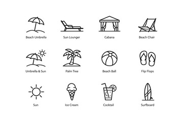 Naklejka premium Summer beach essentials: umbrella, sun lounger, cabana, beach chair icons