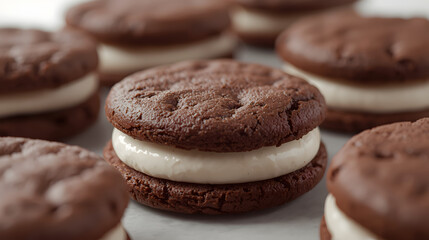 Decadent homemade chocolate sandwich cookies featuring a delightful creamy vanilla filling, perfectly arranged for a sweet treat or dessert indulgence