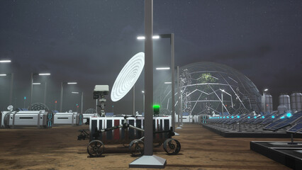 Closeup of space exploration vehicle on Mars parked next to dimly lit solar panels. Rover recharging at night using renewable solar farm energy before next scientific survey on extraterrestrial planet © DC Studio