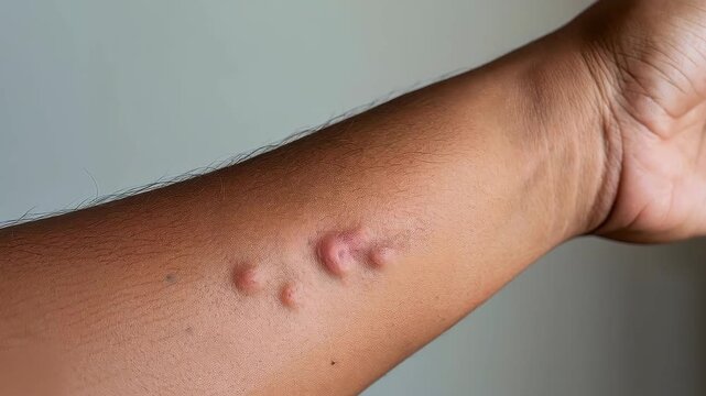 Skin Reaction: A detailed close-up of a human arm revealing a cluster of raised skin lesions, indicating a possible allergic reaction or dermatological condition.