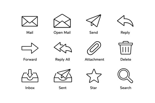 Email icons set: mail, open, send, reply, forward, attachment, delete