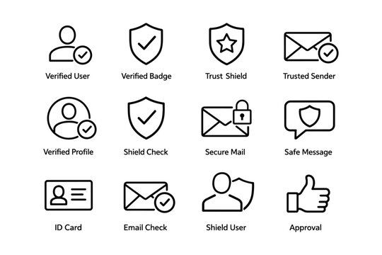 Verified user icons: security checks, trust badges, secure mail, id card approval