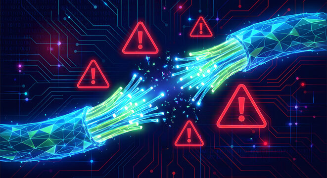 broken fiber optic cable with red warning alert icons and glowing light sparks on circuit board background representing network failure cyber attack and data connection loss