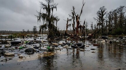 Fototapeta premium Polluted wetland with dead trees and plastic waste under a cloudy sky.
