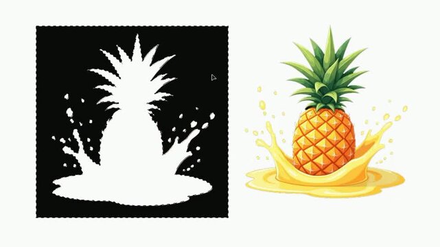 Video animation of selecting isolated object 
on black background in graphic editor. Graphic design lesson, 
removing background of pineapple drawing with 
fruit juice splashes and drops.