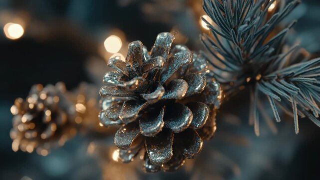 Golden pinecone decorations on a Christmas tree with twinkling lights. A festive and warm holiday scene.