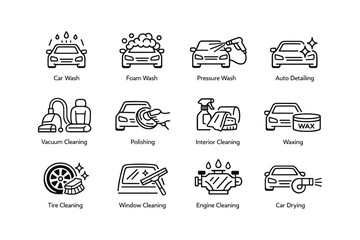 Car cleaning and detailing icons: wash, foam, wax, vacuum, polish, interior, tire, window