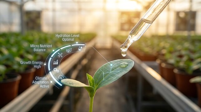 Scientist applying nutrient solution to a young plant in a greenhouse with digital overlay.