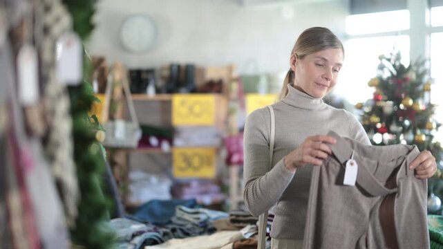 Positive young lady looking for trousers during X-mas sell-out season in retail outlet