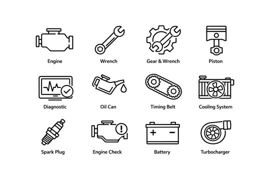 Car maintenance icons: engine, tools, diagnostic, cooling, battery, turbocharger