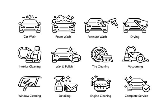 Car washing and detailing icon set featuring various cleaning methods
