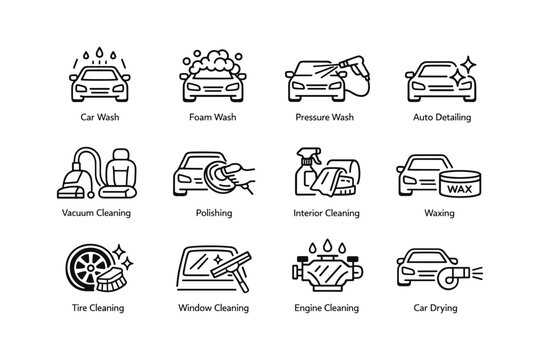 Car cleaning and detailing icons: wash, foam, wax, vacuum, polish, interior, tire, window