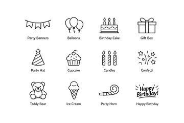 Fototapeta premium Birthday celebration icons: cake, balloons, gift box, and party decorations