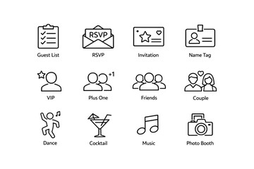 Event icons set: invitations, name tags, and activities design elements