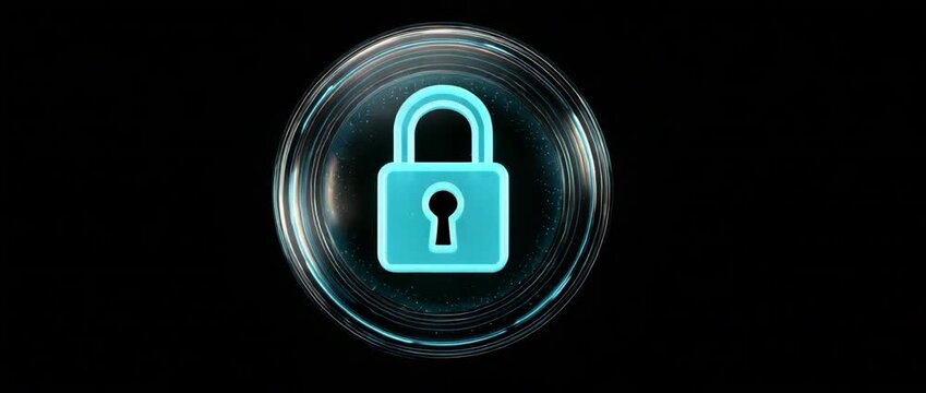 3D Futuristic Holographic Padlock Icon with Neon Glowing Cyber Security Lines on Black Background