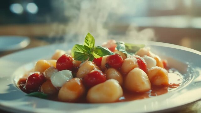 A delicious and hearty plate of gnocchi in red pepper sauce, perfect for a healthy dinner or a satisfying lunch.