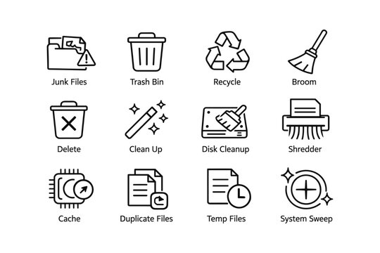 Set of twelve computer cleanup and maintenance icons
