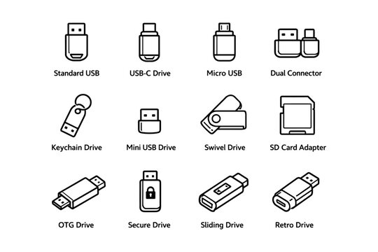 Various usb drive types and features: standard, micro, dual connector, secure