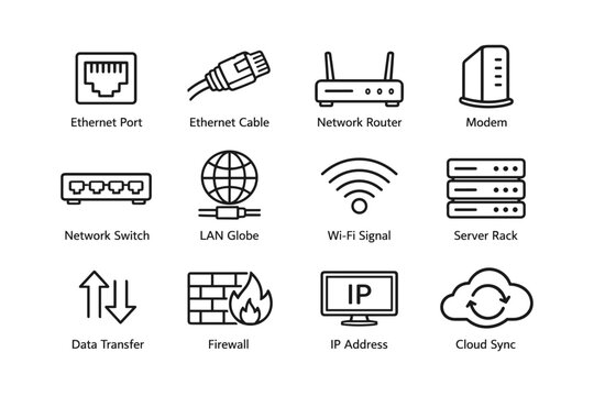Network icons: ethernet, router, wi-fi, firewall, cloud sync