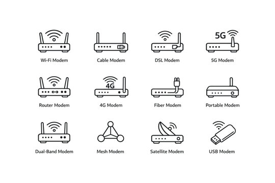 Various modem types: wi-fi, cable, dsl, 4g, 5g, fiber, portable, dual-band, mesh, satellite, usb