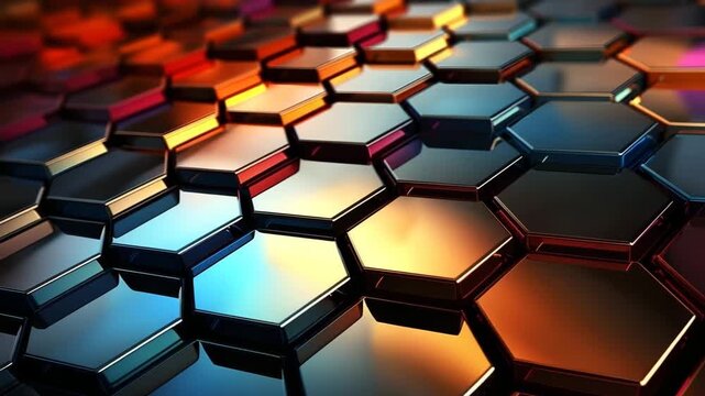 Different patterns of hexagons appear with bright colors and reflections. The frames show changes in light and shade. Each frame brings a new look to the design.