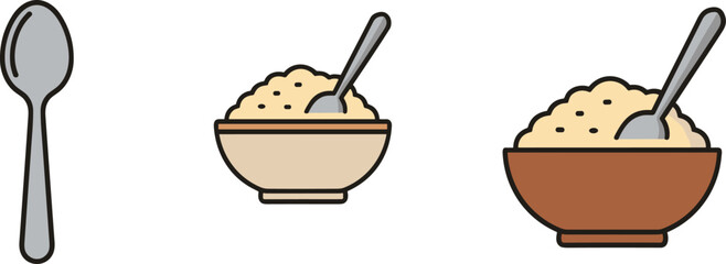 Simple flat icons of a spoon and bowls of oatmeal or porridge