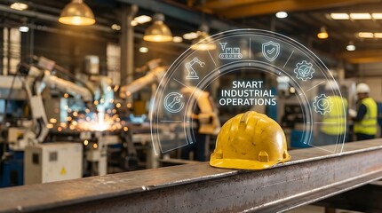 Smart Industrial Operations with Hard Hat and Robotic Arms in Modern Factory.