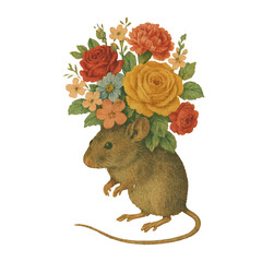 Fototapeta premium PNG Mouse adorned with floral bouquet.