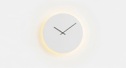 Glowing white clock with black hands, modern minimalist design, for website or presentation background, isolated on transparent background, png