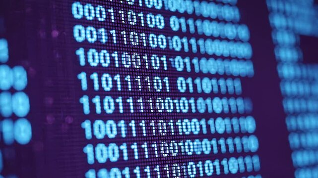 Blue binary code data flow on computer screen display texture
