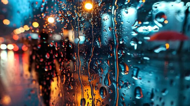 Rain falls as people walk on a city street at night. Lights glow through the window covered with water drops. Umbrellas are seen as the rain continues.