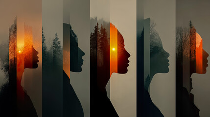 Female silhouettes blended with forest and sunset landscapes, reflecting connection and inner transformation. Generated with AI