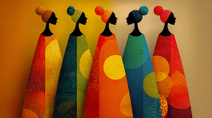 Stylized women in colorful dresses, celebrating diversity, art, and female beauty. Generated with AI