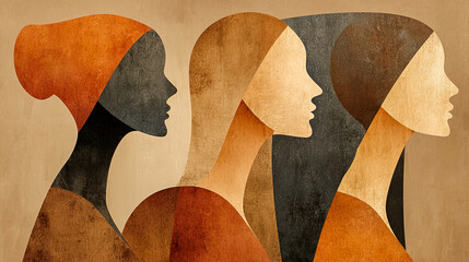 Geometric composition with female silhouettes in earthy tones representing diversity and cultural harmony. Generated with AI