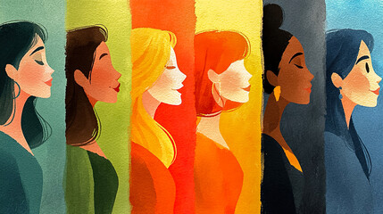 Colorful portrait of smiling women in profile with vibrant background in illustrative watercolor technique. Generated with AI