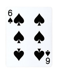 Detailed view of a Six of Spades card, showcasing its black spade symbols, ideal for illustrating games, chance, or leisure activities.
