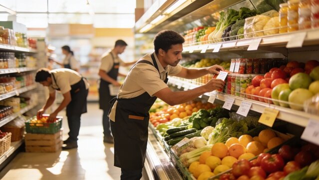 Young adult man grocery worker stocking fresh produce aisle, retail operations and inventory management, bright market mood for healthy eating and Earth Day