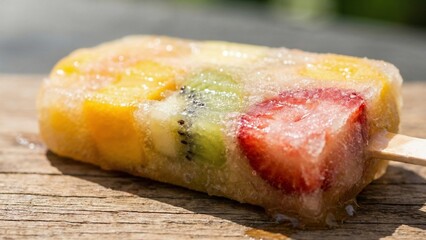 Refreshing homemade fruit popsicle with real chunks of strawberry, kiwi, and mango on a wooden surface in bright sunlight