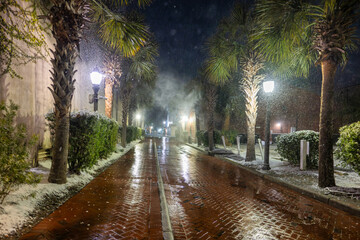 Obraz premium Snow falls on a brick path lined with palm trees and street lamps during the night in a coastal town