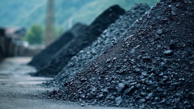Focused medium shot of outdoor coal pile under protective cover emphasizing organized storage with outoffocus surroundings.