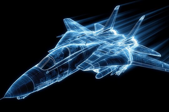 Digital Wireframe Fighter Jet Illustrating Military Aviation Technology Advanced Engineering Defense Systems And Strategic Air Power In A Modern Technical Blueprint Style