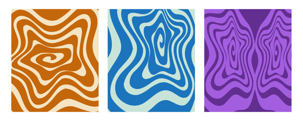 Cool Retro Swirl Pattern. Psychedelic Wavy Vector Background. Funky Spiral and Radial Sunburst Abstract Background Set. Vector illustration