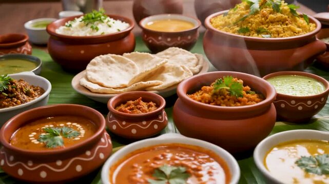 An authentic Indian vegetarian feast is served in traditional clay pots on a banana leaf featuring biryani dal makhani paneer curry and flatbreads