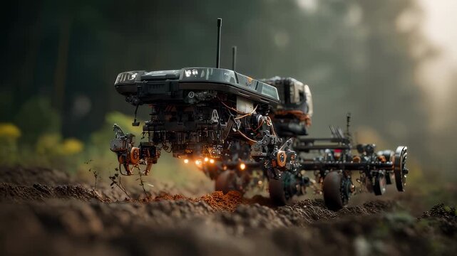 Dynamic medium shot of an AIpowered seeder navigating uneven terrain main components clear and sharp while the blurred environment showcases intelligent adaptability.