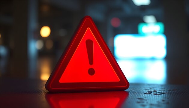 A warning sign with an exclamation mark sits on a wet surface at night.