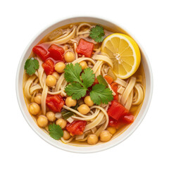 Delicious bowl of chickpea noodle soup with lemon and herbs isolated on transparent background