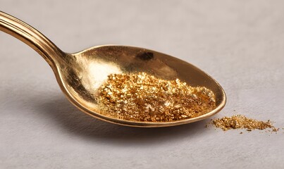 Conceptual Image of a Golden Spoon Filled with Shimmering Glitter on a Textured Grey Background with Copy Space, Captured in Cinematic Lighting and 4K Detail.